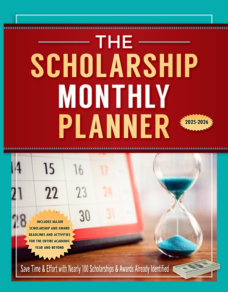 Cover image of The Scholarship Monthly Planner 2025-2026, an academic planner designed to help students organize scholarships and college application tasks by month.